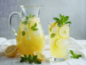 Szklanka i dzbanek orzeźwiającej lemoniady z lodem, cytryną i miętą. Idealny letni napój.