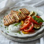 Grillowany ser halloumi podawany z grillowanymi warzywami (pomidory, cukinia) i jogurtem greckim. Zdjęcie prezentuje kolorowe, zdrowe danie.