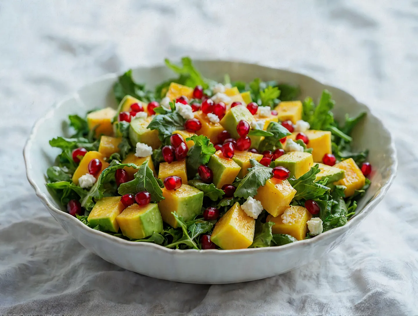 Zdjęcie miski z pyszną sałatką z kostkami mango, awokado, rukoli, sera feta i ziaren granatu. Idealna na zdrowy i kolorowy posiłek.