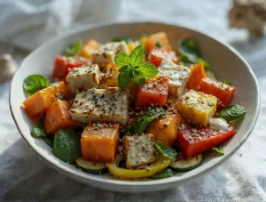 Zdjęcie apetycznej sałatki z pieczonym tofu, dynią, cukinią i miętą. Składniki posypane sezamem.