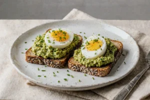 Dwie kanapki z pełnoziarnistego chleba z awokado i jajkiem na miękko, posypane szczypiorkiem. Danie serwowane na jasnej, ceramicznej talerzu.