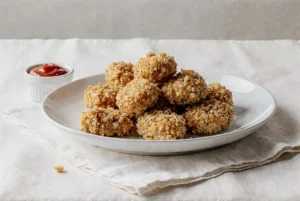 Placki z kurczaka w panierce z orzechów, podane na białej talerzyku z ketchupem. Zdjęcie kulinarne.