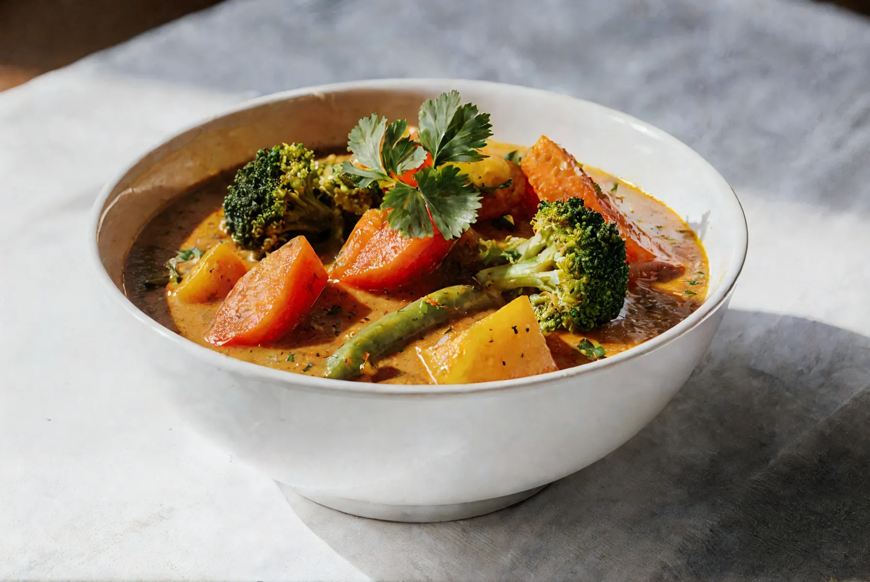 Miska pełna gęstego, kremowego curry warzywnego z kawałkami brokułów, marchewki i fasolki szparagowej, ozdobiona świeżą kolendrą.