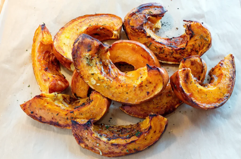 Kawałki pieczonej dyni w kształcie półksiężyców, przyprawione ziołami, leżą na papierze do pieczenia.