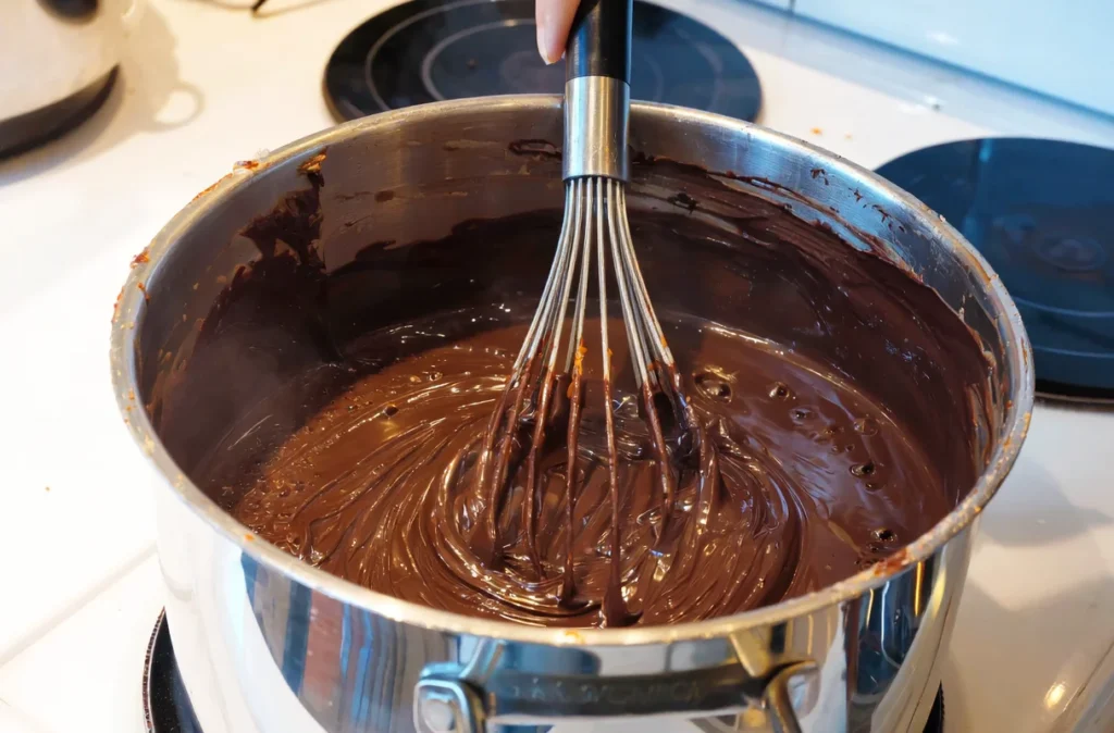 Ręka miesza roztopioną, błyszczącą czekoladę w metalowym rondelku za pomocą trzepaczki.