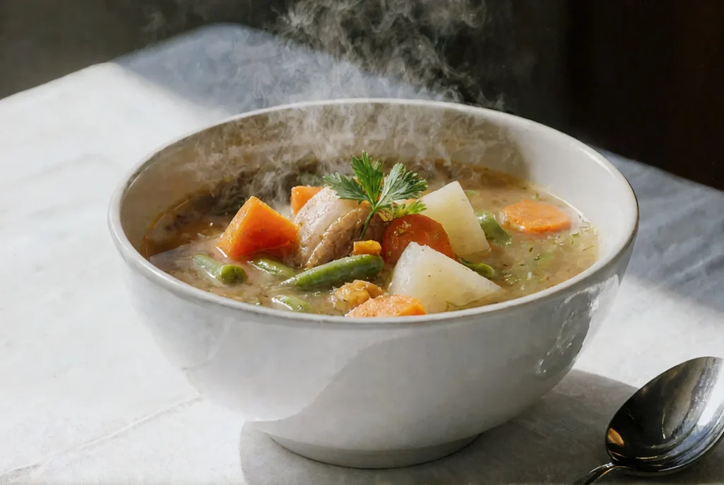 Miska parującego, domowego bulionu z kawałkami kurczaka, marchewki, ziemniaków i zielonej fasolki, udekorowana natką pietruszki.