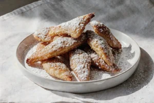 Stos chrupiących, złotobrązowych ciasteczek posypanych cukrem pudrem, ułożonych na białej talerzu.