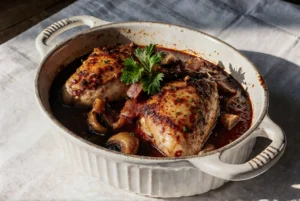 Dwa soczyste kawałki kurczaka w bogatym, ciemnym sosie z pieczarkami i boczkiem, udekorowane natką pietruszki, podane w ceramicznym naczyniu.