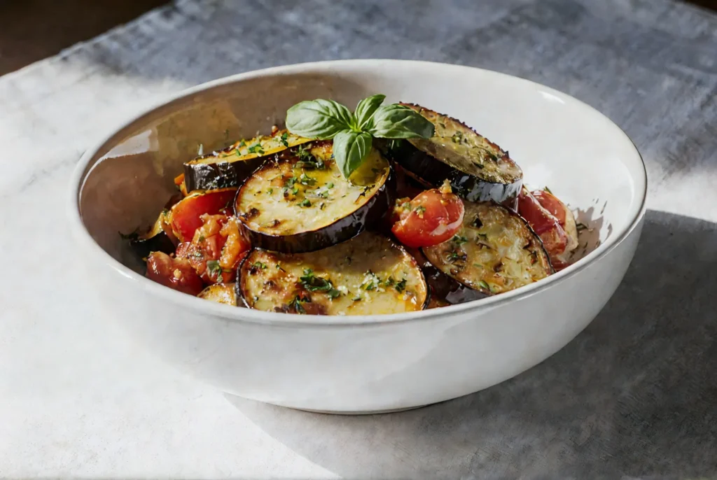 Miska z pieczonymi plastrami bakłażana i połówkami pomidorków koktajlowych, posypana ziołami i udekorowana listkiem świeżej bazylii.