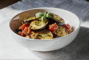 Miska z pieczonymi plastrami bakłażana i połówkami pomidorków koktajlowych, posypana ziołami i udekorowana listkiem świeżej bazylii.