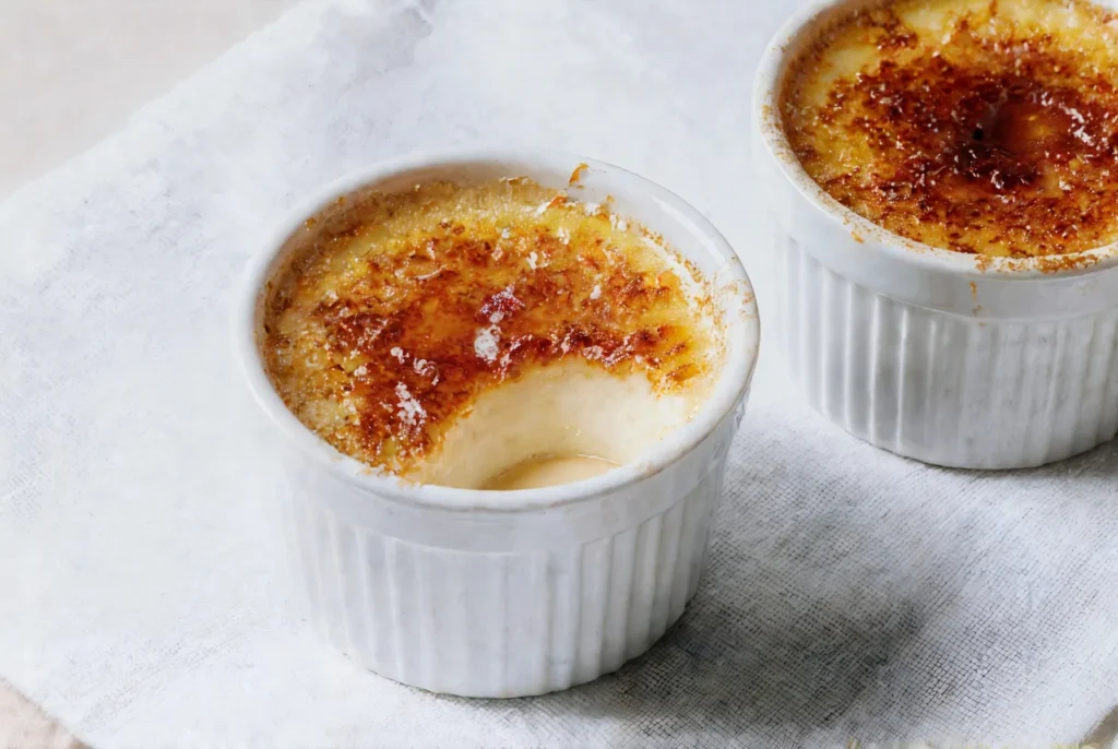 Dwa białe kokilki z kremowym deserem Crème brûlée, z wierzchu pokryte skarmelizowanym cukrem, na białym lnianym obrusie.