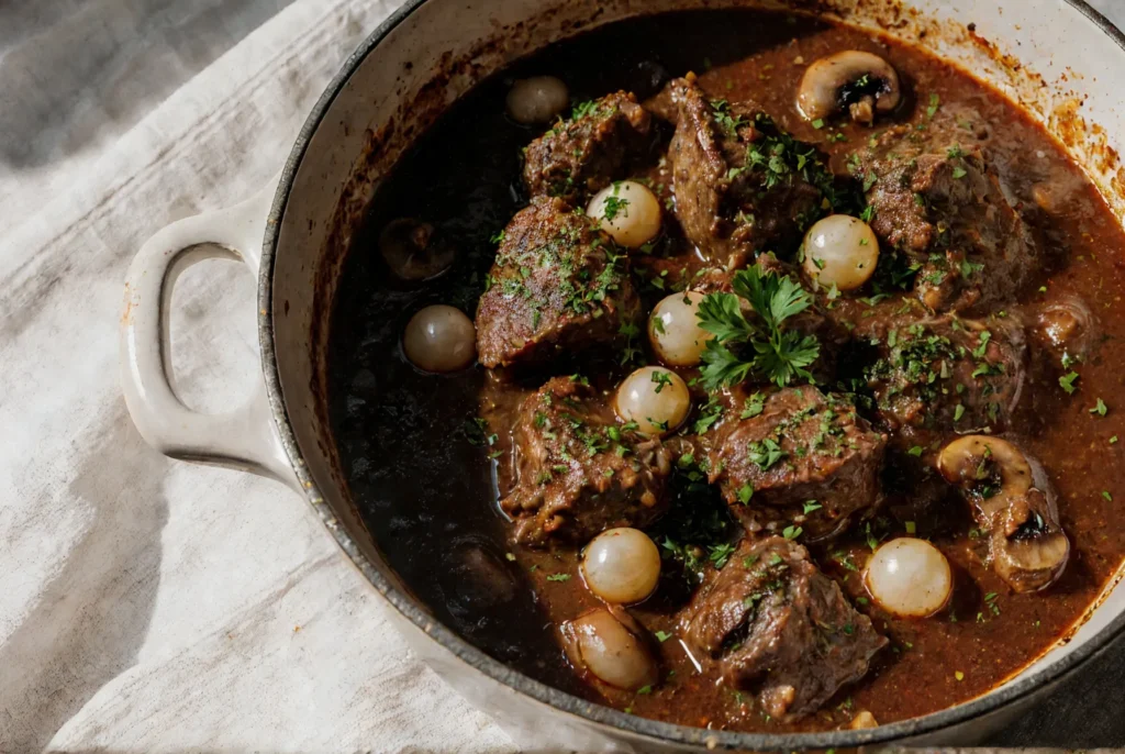 Aromatyczny Boeuf Bourguignon z kawałkami wołowiny, perłowymi cebulkami i pieczarkami w gęstym sosie, posypany natką pietruszki.