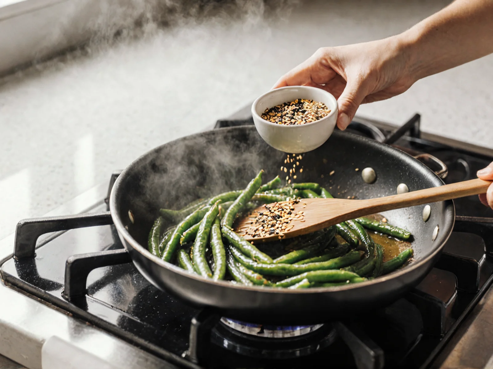 Fasolka szparagowa z sezamem w trakcie przygotowania