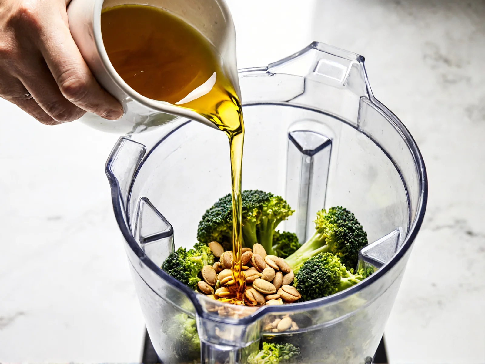 Makaron z pesto brokułowym w trakcie przygotowania